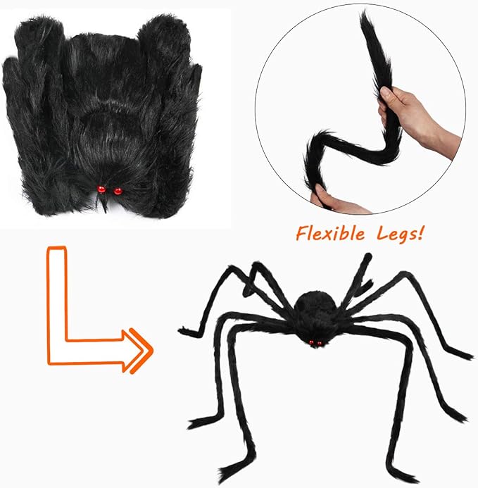 Halloween Giant Spider 6.6 Ft, Libay Outdoor Halloween Decorations Large Fake Hairy Spider Scary Furry Spider Props Outside Yard Creepy Decor, Black