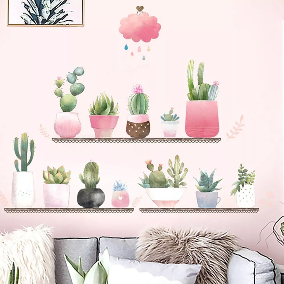 Green Wall Stickers Potted Succulent Plants on Shelves Removable PVC Bedroom