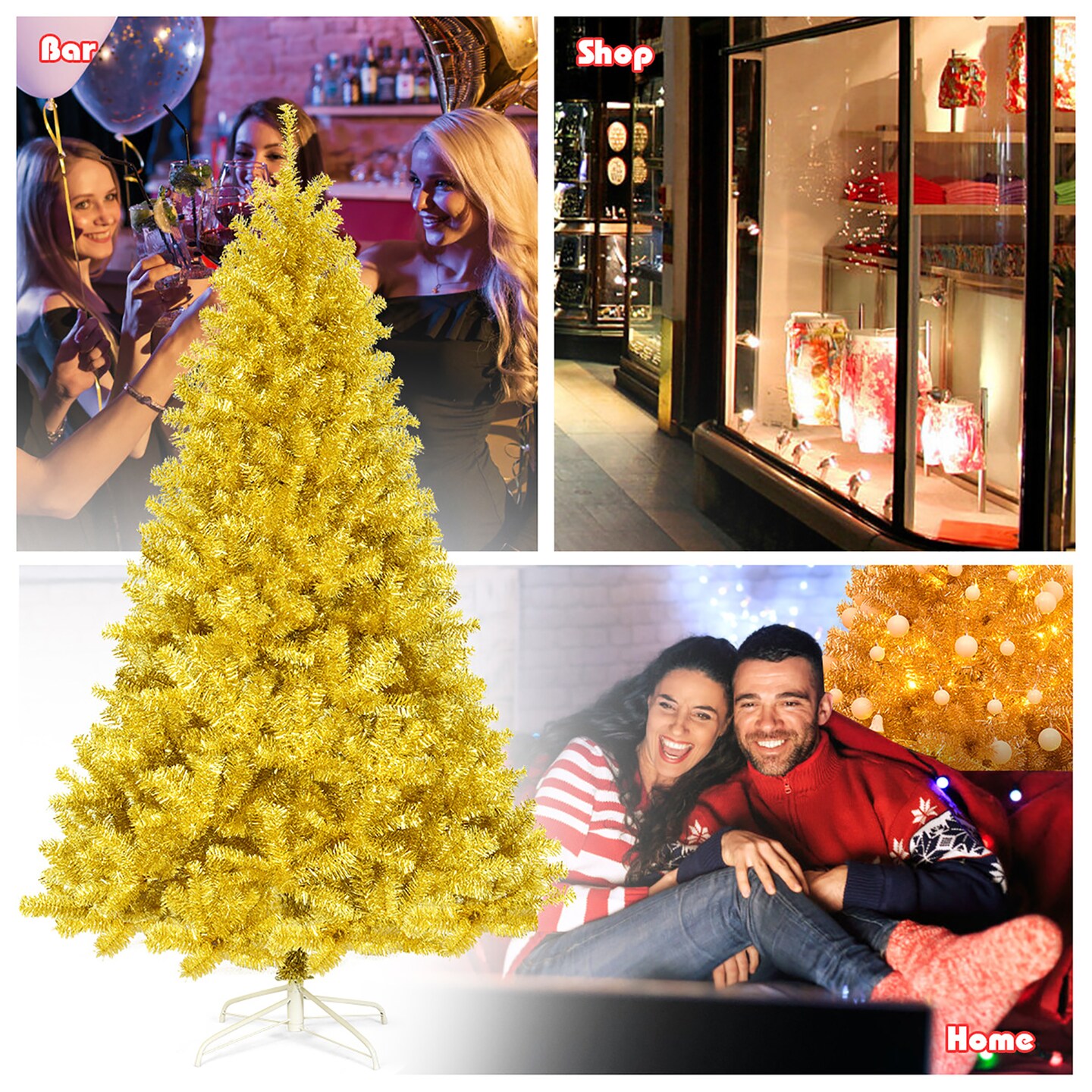Costway 7.5Ft Hinged Unlit Artificial Tinsel Christmas Tree Holiday,Silver ,Gold