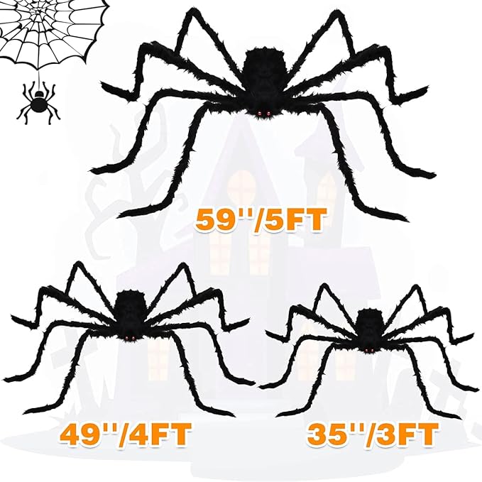 Halloween Giant Spider Decorations (3 PACK), Realistic Halloween Spider Props, Fake Scary Hairy Spiders Sets for Halloween Decorations Indoor, Outdoor and Yard Creepy Decor (59&#x22;, 49&#x201D;, 35&#x201D;)