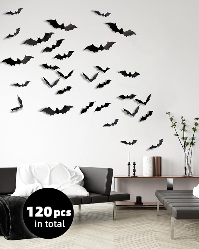 Bats Wall Decor 120PCS Halloween Decoration Bats Realistic PVC 3D Black Scary Bat Wall Stickers for Creepy Home Decor Halloween Party Decorations DIY Wall Decal Bathroom Indoor Halloween Decor