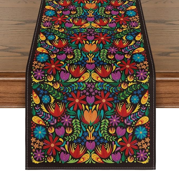 Dia De Los Muertos Floral Fiesta Mexican Table Runner, Mexico Day of The Dead Kitchen Dining Table Decoration for Home Party Decor 13x72 Inch