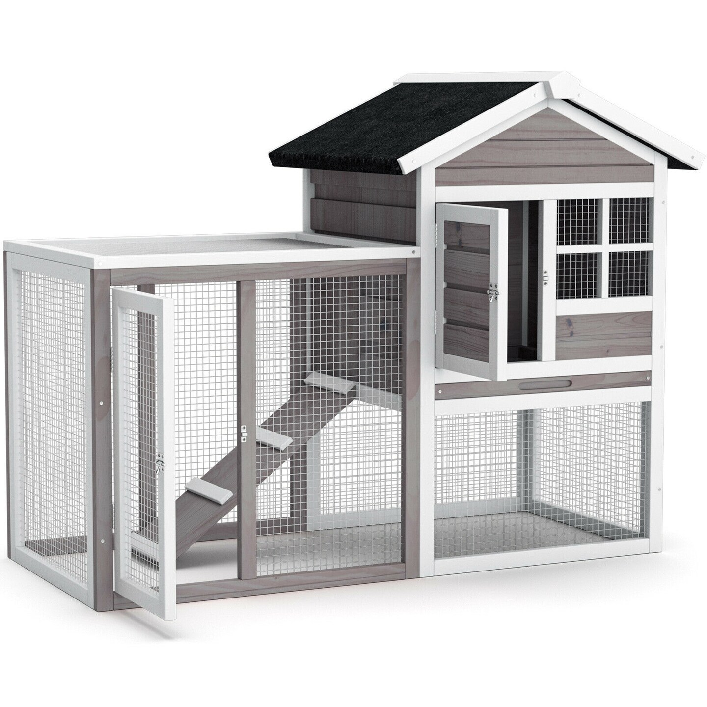 Wooden Rabbit Hutch 2-Story Enclosed Wire Cage Gray Asphalt Roof