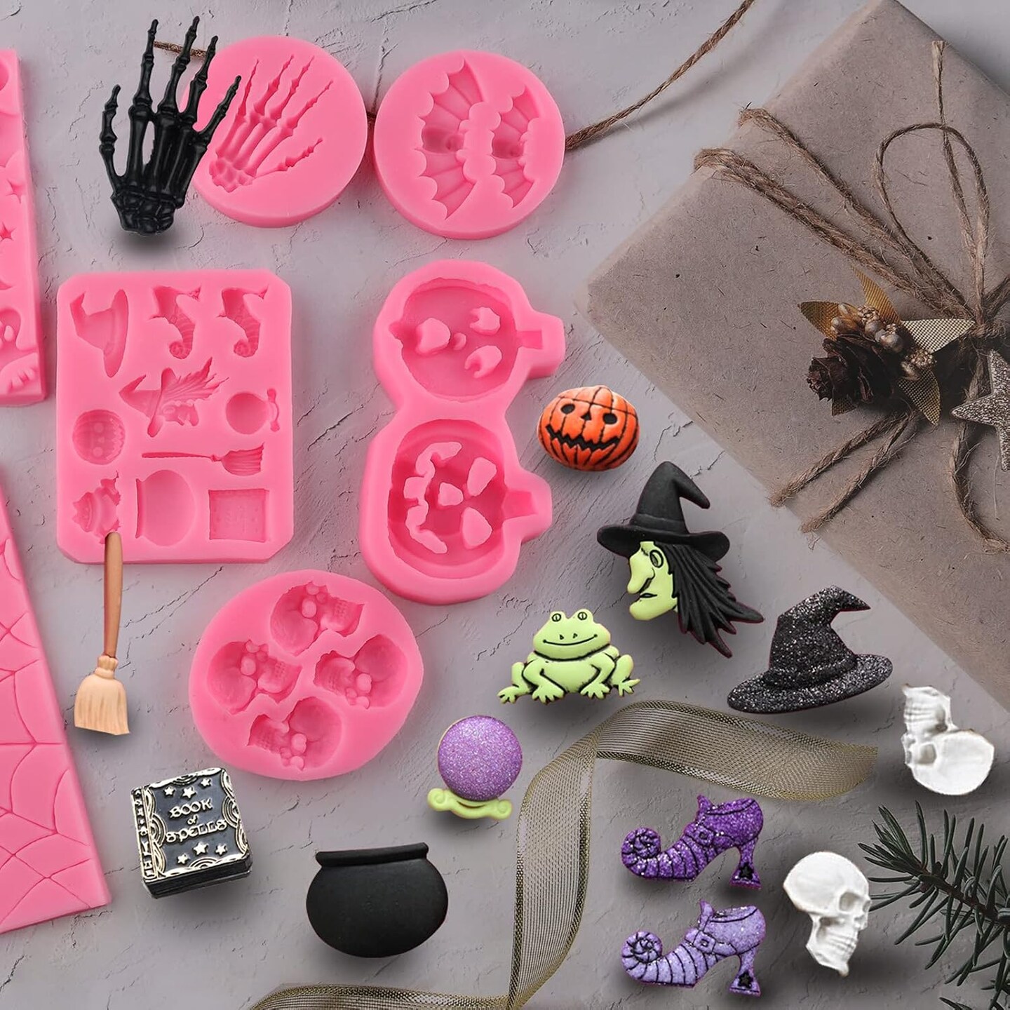 Halloween Silicone Mold 7 Pack Pumpkin Silicone Cake Mold Cupcake Chocolate Mold Skull Batskeleton Hand Bat Ghost Witch Candy Mold for Halloween Party