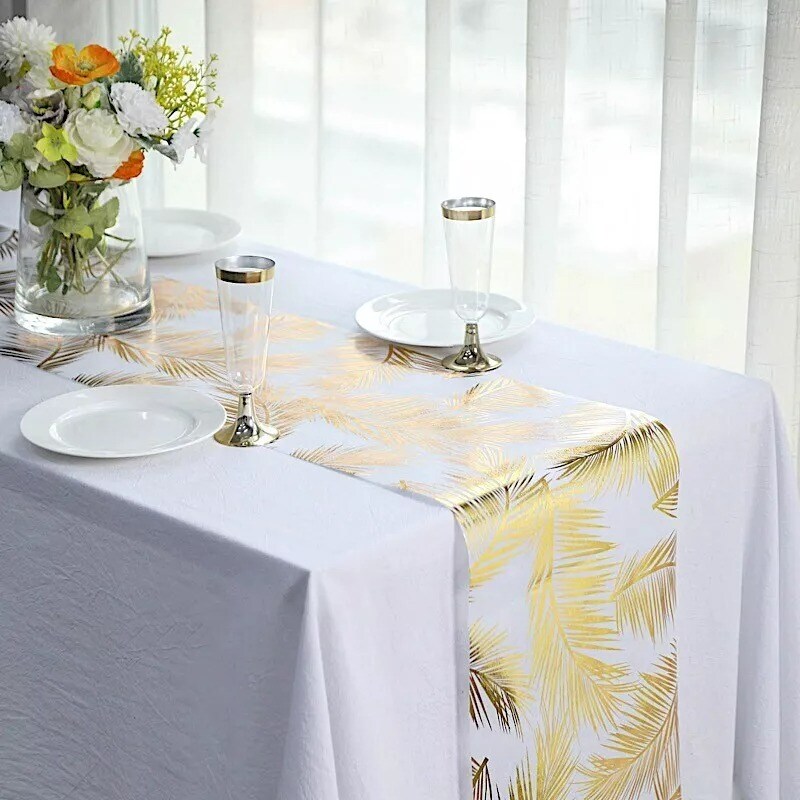 White Gold 11&#x22;x108&#x22; Palm Leaves Print Non Woven Fabric Table Runner Party Events