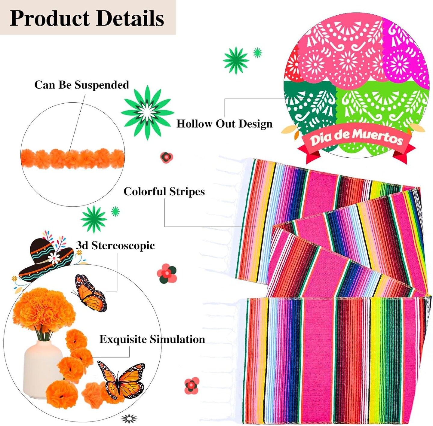 65 Pcs Day of The Dead Decorations, Dia De Los Muertos Decor 50 Artificial Flowers,1 Marigold Garland,1 Mexican Party Banner,1 Table Runner,12 Monarch Butterflies Altar Decor for Diwali Party