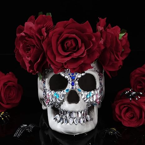 7 Pcs Day of the Dead Face Gems Tattoo and Floral Crown Garland Set, Makeup Halloween Temporary Rhinestone Stick on Skull Tattoo Stickers Red Rose Headband Headpiece for Women Girl Costume