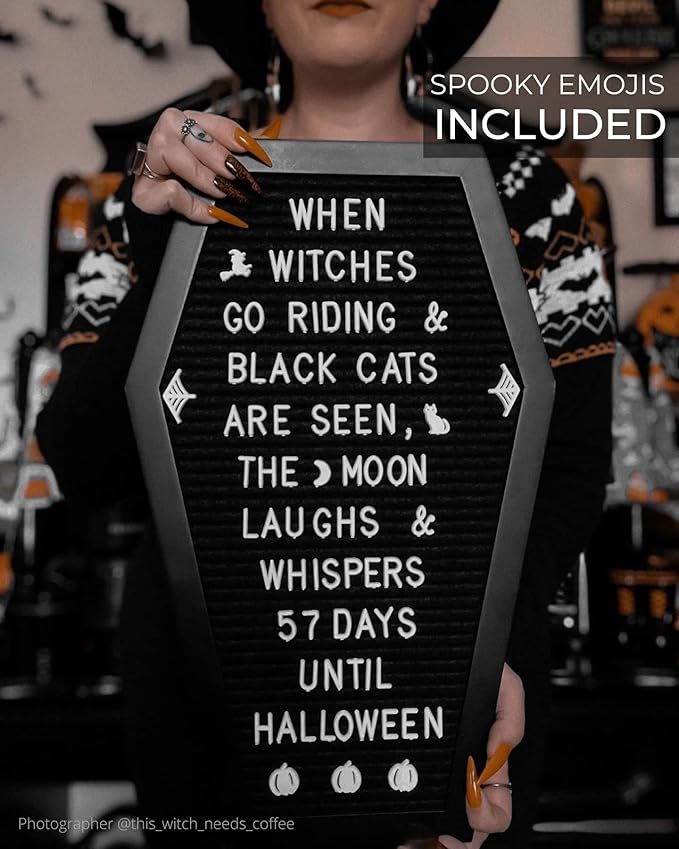 Coffin Letter Board Black With Spooky and All Seasons Emojis +500 Characters, and Wooden Stand - 17x10.5 Inches - Halloween Decorations Gothic Decor Spooky Gifts