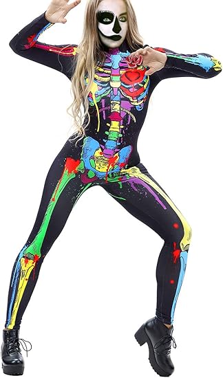 Women Halloween Party Costume Skull Print Long Sleeve Jumpsuit Outfit