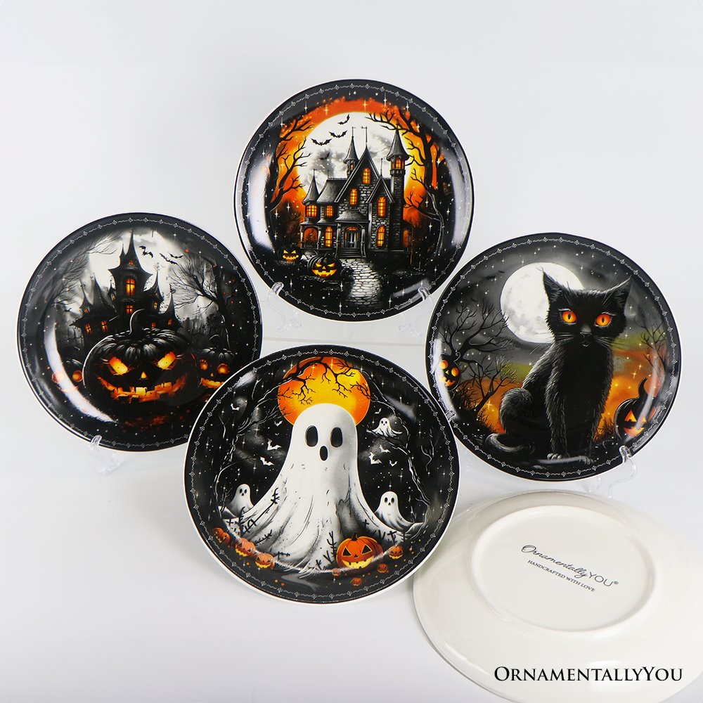 Haunted Night Set of 4 Plates, Black Halloween Tableware Collection for Salad, Dessert, Appetizer, and Side Plates