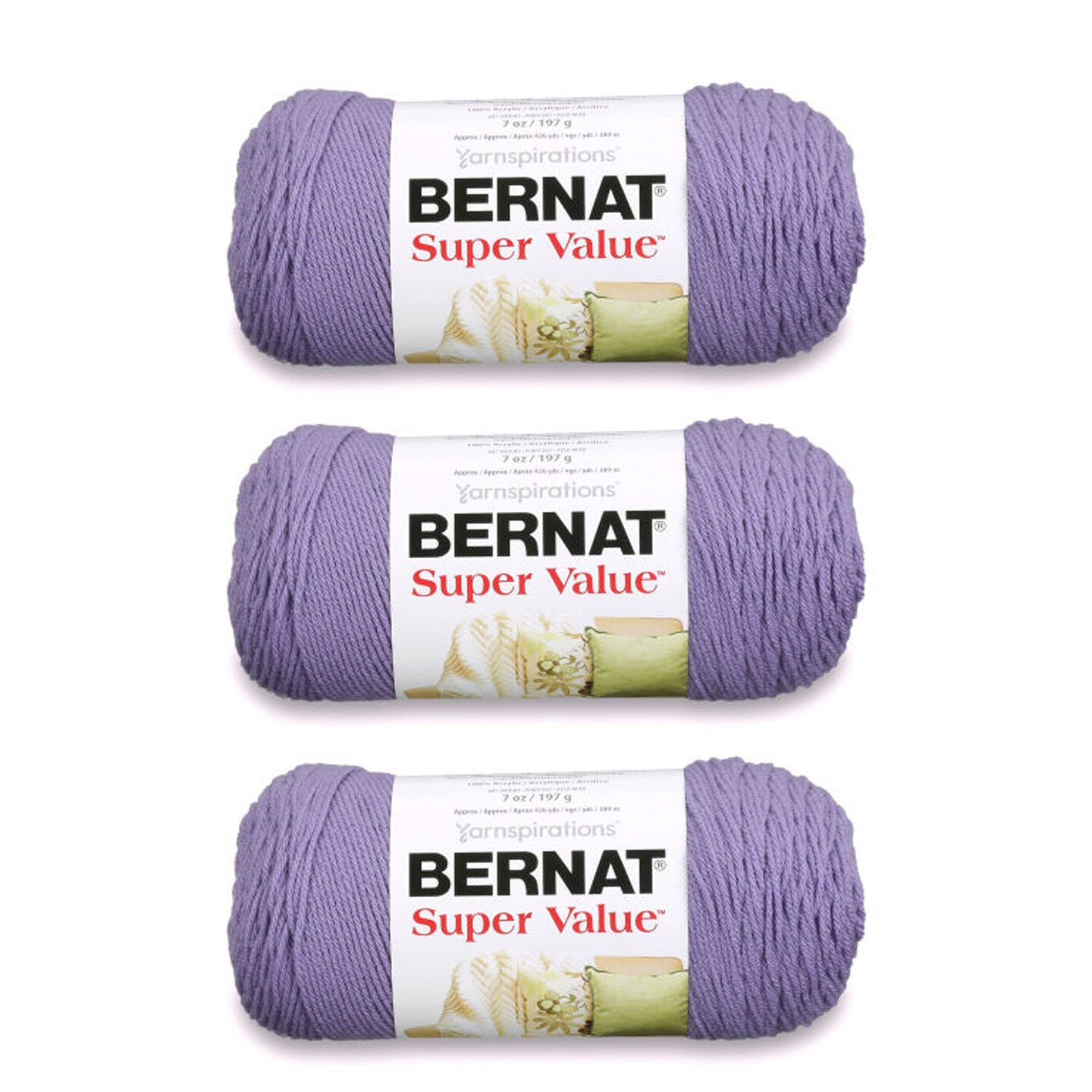Bernat Super Value Lavender Yarn - 3 Pack of 198g/7oz - Acrylic - 4 Medium (Worsted) - 426 Yards - Knitting/Crochet