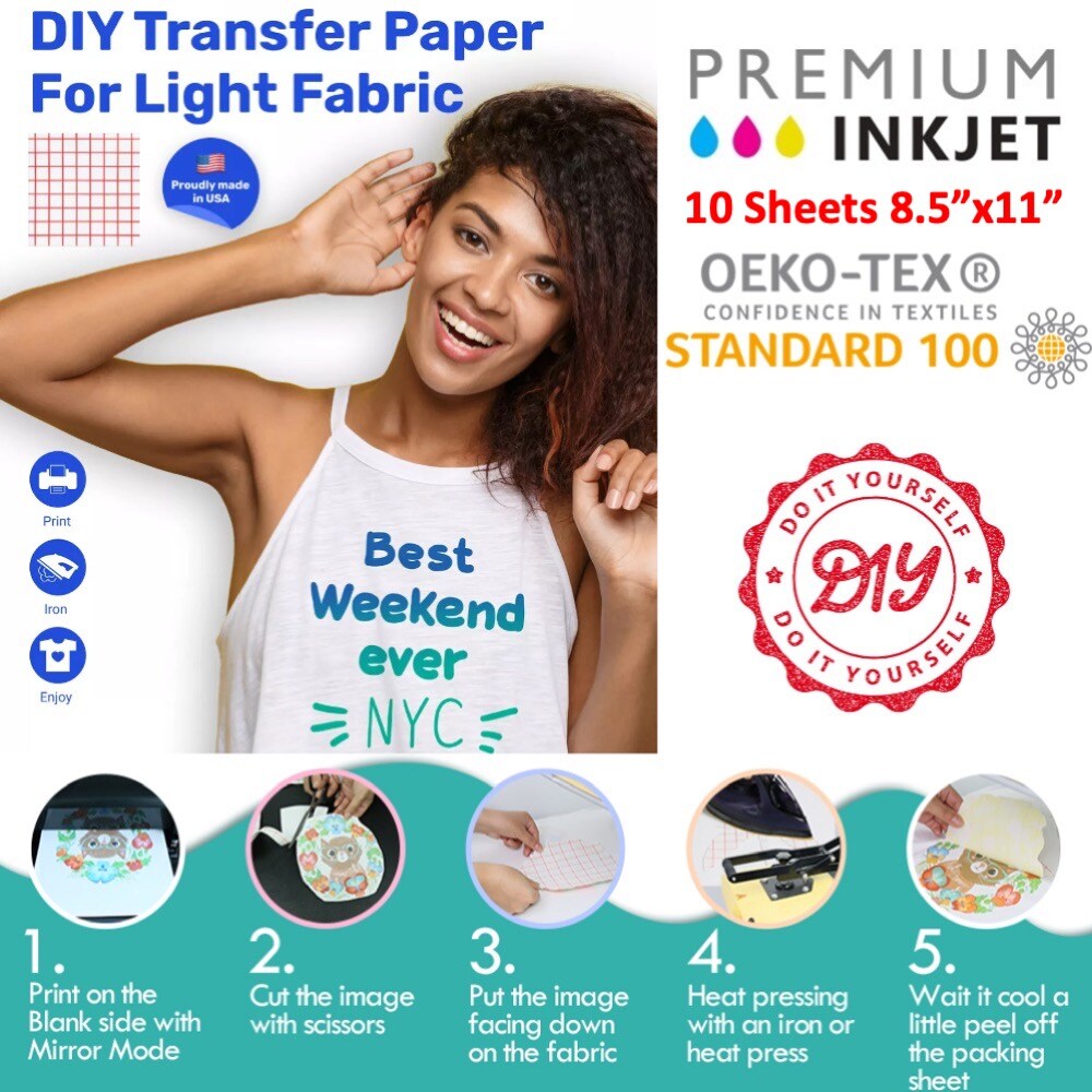 Inkjet Printable Iron-on Light Fabrics Heat Transfer Paper 8.5”x11”
