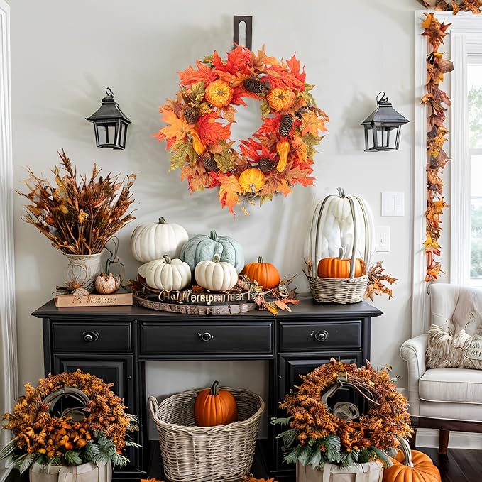 20 Inch Fall Wreath for Front Door, Fall Decor Autumn Maple Leaves Pumpkin Pine Cone Berries Wreath, Fall Decorations for Harvest Thanksgiving Halloween Farmhouse Home Outside Window Wall