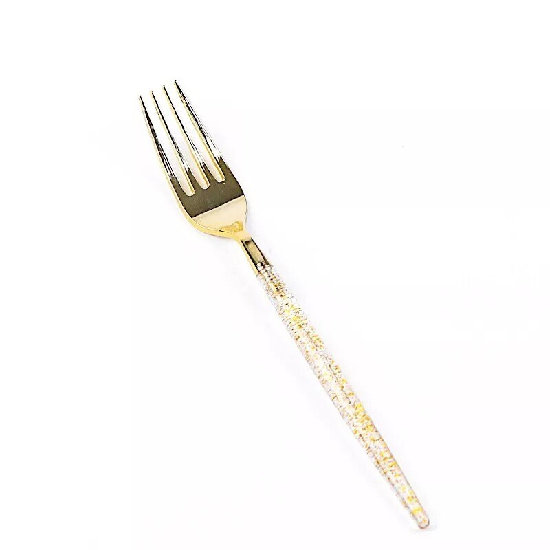 24 Clear 8.5&#x22; Plastic Forks Gold Glittered Handle Disposable Party Tableware