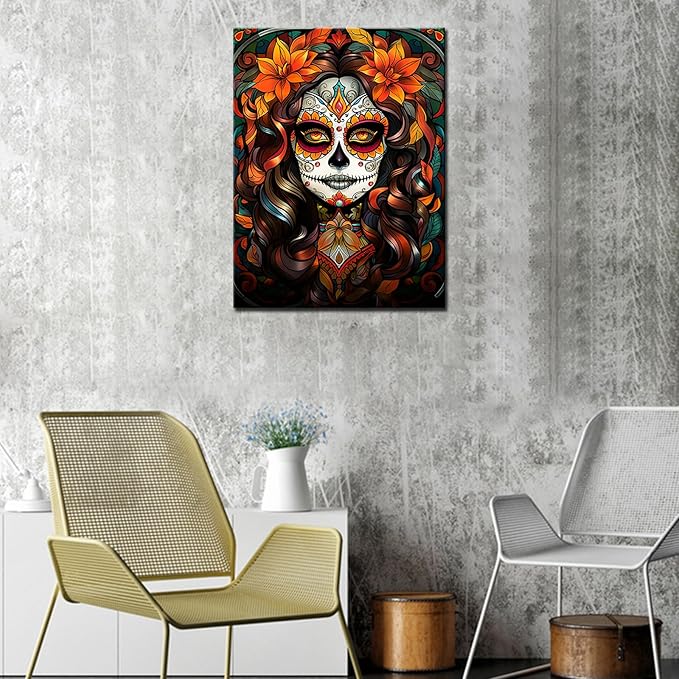 Mexican Day of Dead Diamond Painting for Adults Sexy Sugar Skull Girl 5D Full Drill Crystal Paintwork 16x12 inch,Fashion Skeleton Makeup HD Canvas Diamond Craft Art Bedroom Home Decor(DIY Frame)
