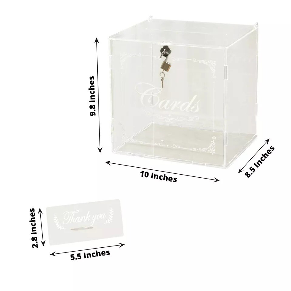 10&#x22; Clear Acrylic Wedding Gift Card Box Lock Key Thank You Sign Party Events