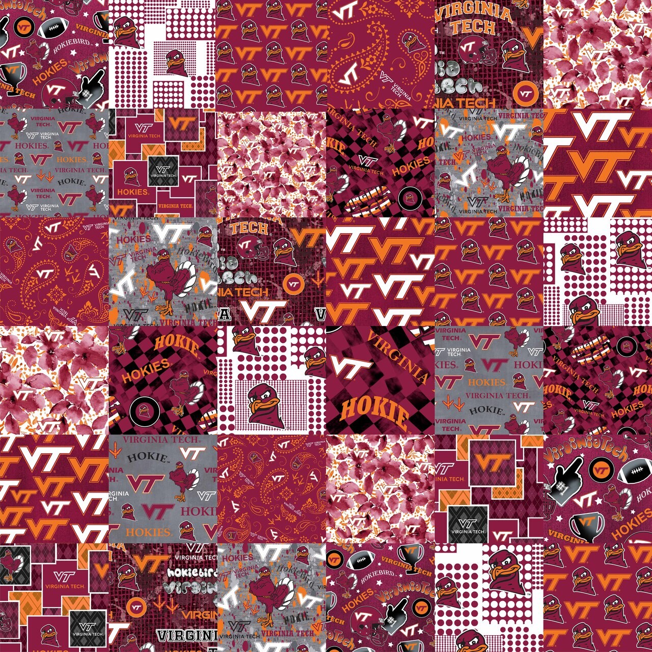 Sykel Enterprises-Virginia Tech Cheater Quilt Printed Cotton Fabric-Virginia Tech Hokies Cotton Fabric with Patchwork Cheater Quilt Print-60” Width