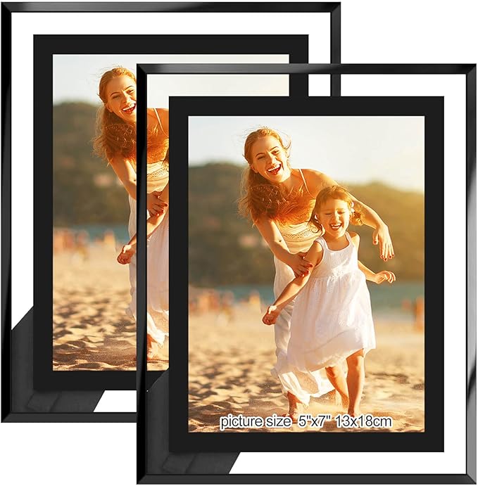 5x7 Picture Frames Black - Set of 2, HD Real Glass 5 by 7 Photo Frame Great Gift, for Tabletop Display (5 x 7, Black)