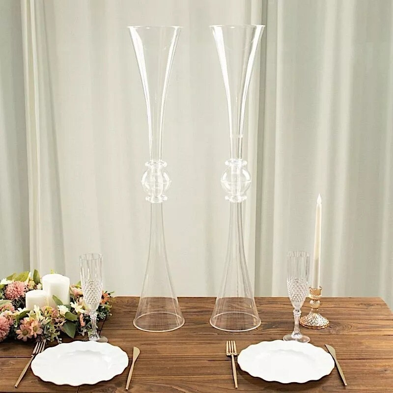 2 Clear 31" Plastic Reversible Trumpet Flower Vases Crystals Party Event