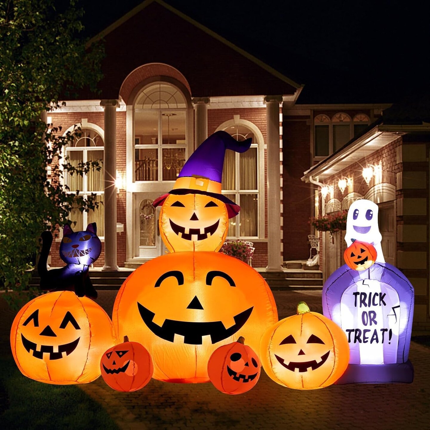 Halloween Inflatables Outdoor Decorations Scary Pumpkin with Witch Cat