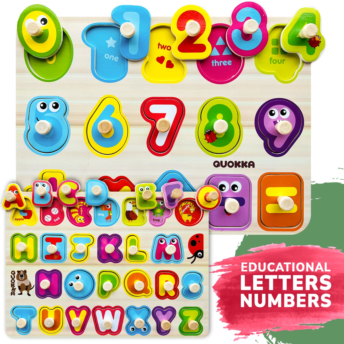 QUOKKA Wooden Puzzles for Toddlers 1-3 - 6XSET Toddler Puzzles Ages 2-4 with Rack - Learning Alphabet, Numbers and Animals Toy Puzzles for Toddlers 3-5 - Wood Games Gift for Boys and Girls