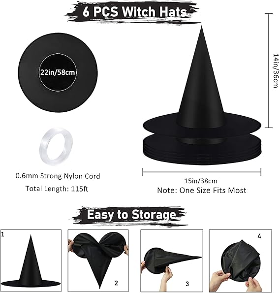 6 PCS Halloween Black Witches Hats Costume Accessory Decorations, Hanging Wizard Hats Bulk for Women Kids with 115 FT Hanging Rope, Floating Front Porch Yard Indoor Outdoor Hats Decor Party Favors