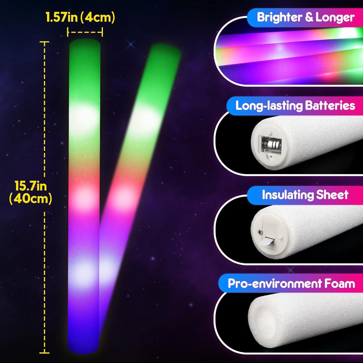 Foam Glow Sticks Bulk Party Pack, 32 PCS Led Glow Sticks with 3 Modes Colorful Flashing, Glow in Dark Party Supplies, Light Up Neon Party Toys for Wedding, Raves, Concert, Birthday, Halloween