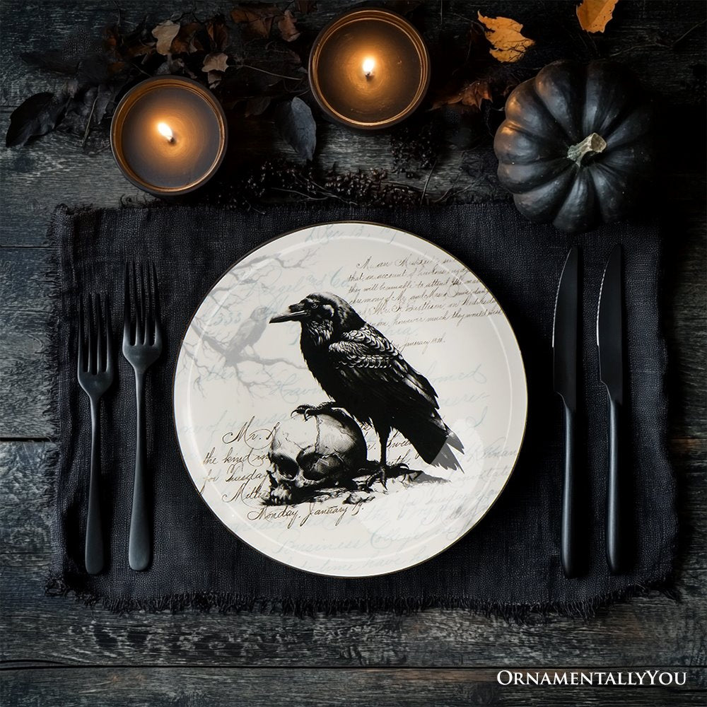 Gothic Elegance Set of 4 Plates with Real Gold Trim, Halloween Tableware Collection for Salad, Dessert, Appetizer, and Side Plates