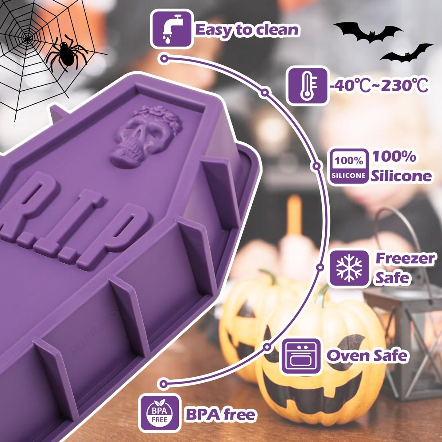 Silicone Coffin Cake Pan, 12 Inch Large Tombstone Shaped Cake Mold for Baking Halloween Themed Party