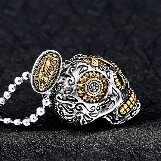 Stainless Steel Sugar Skull Pendant Necklace Gothic Skeleton Pendants for Men with 24inch Chain