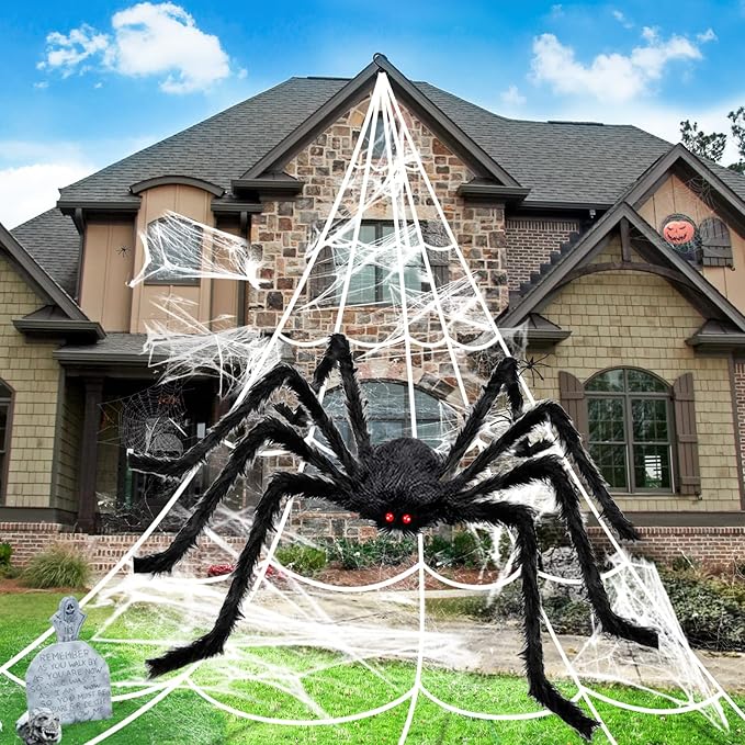 Halloween Decorations Outdoor Spider Webs 1Pcs Giant Spiders 200 Triangular Web with Hook Stretch Web and Ground Stakes for Large Halloween