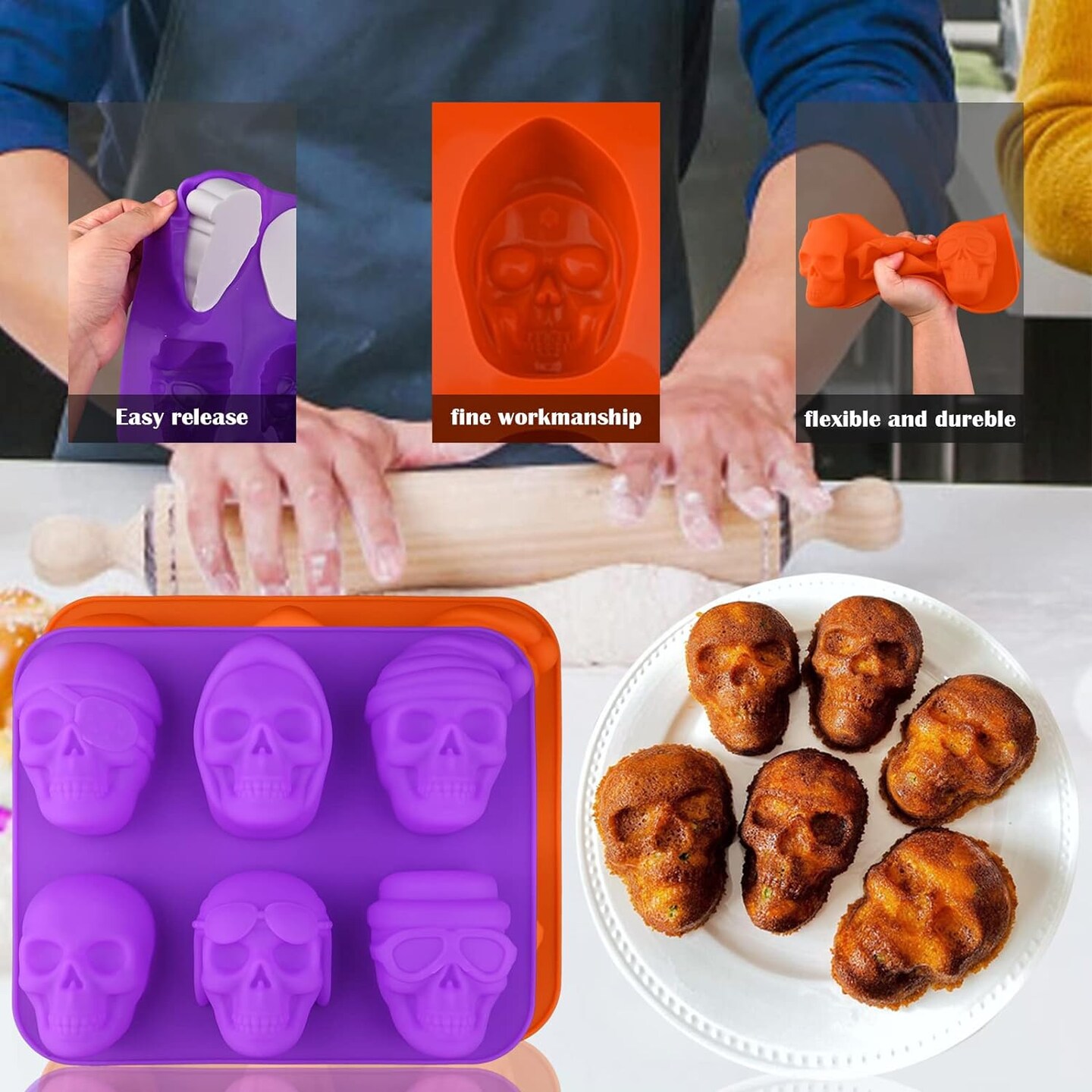 Large Skull Cake Pan Silicone Molds, 2 Pack 6 Cavity Halloween Skull CakeletChocolate Molds Candy Pizza Baking Molds Handmade Soap Tray