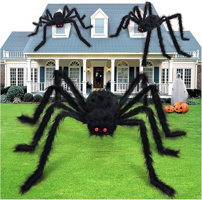 3PCS Giant Spiders Halloween Decorations for Indoor Outdoor Halloween Decor Fake Realistic Large Hairy Halloween Spiders for Outside Home Office Wall Yard Parties