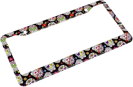 Day of The Dead License Plate Frame Auto Tag Frames Floral License Plates Holder 2 Holes Sugar Skull Gothic Halloween Decorative Car Truck Motorcycle License Plates Cover Tag for Men Women