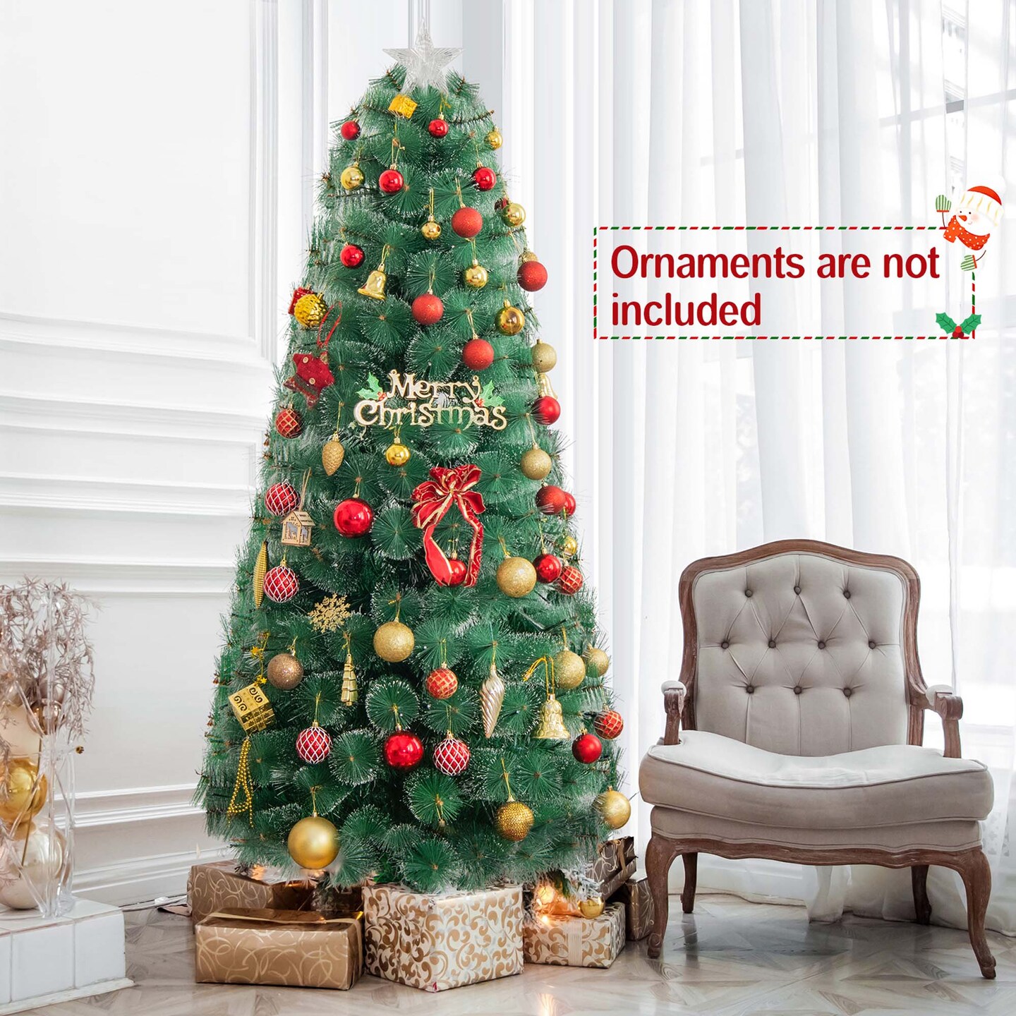 Costway 5FT/6FT/7FT Pre-Lit Fiber Optic Christmas Tree Xmas Decor with 148/185/226 Multi-Color LED Lights