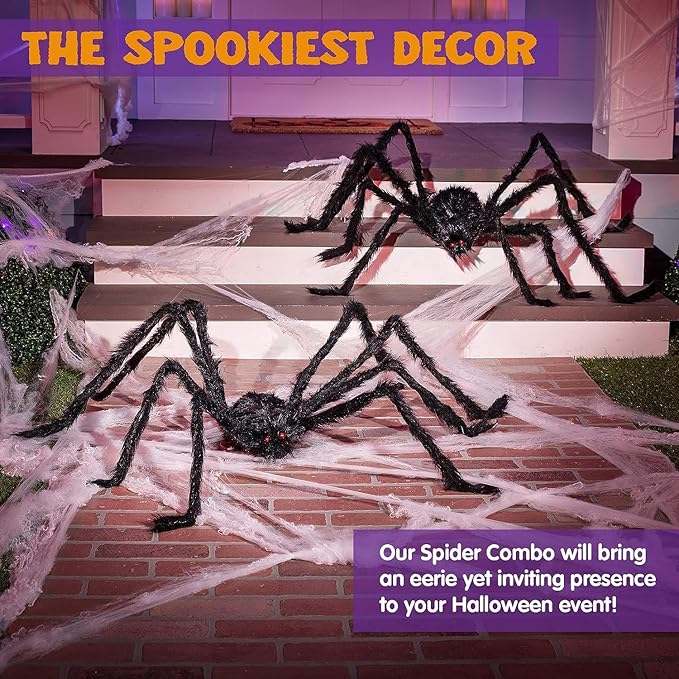 2 Pack 5 Ft. Halloween Outdoor Decorations Black Scary Giant Fake Hairy Spider Props for Yard Party Decor