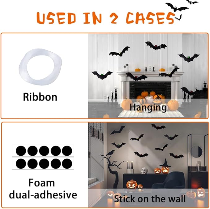 Halloween Hanging Bats 12 Pieces 3D Realistic Scary Large Fake Black Hanging Flying Bat Spooky for Yard Sign Outdoor Indoor Lawn Decorations(3 Style)