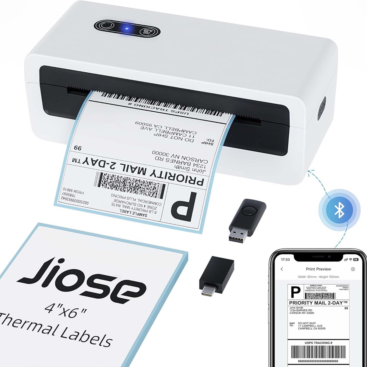 Jiose® - Bluetooth Thermal Label Printer | N43BT - Shipping Label Printer 4x6 for Small Business