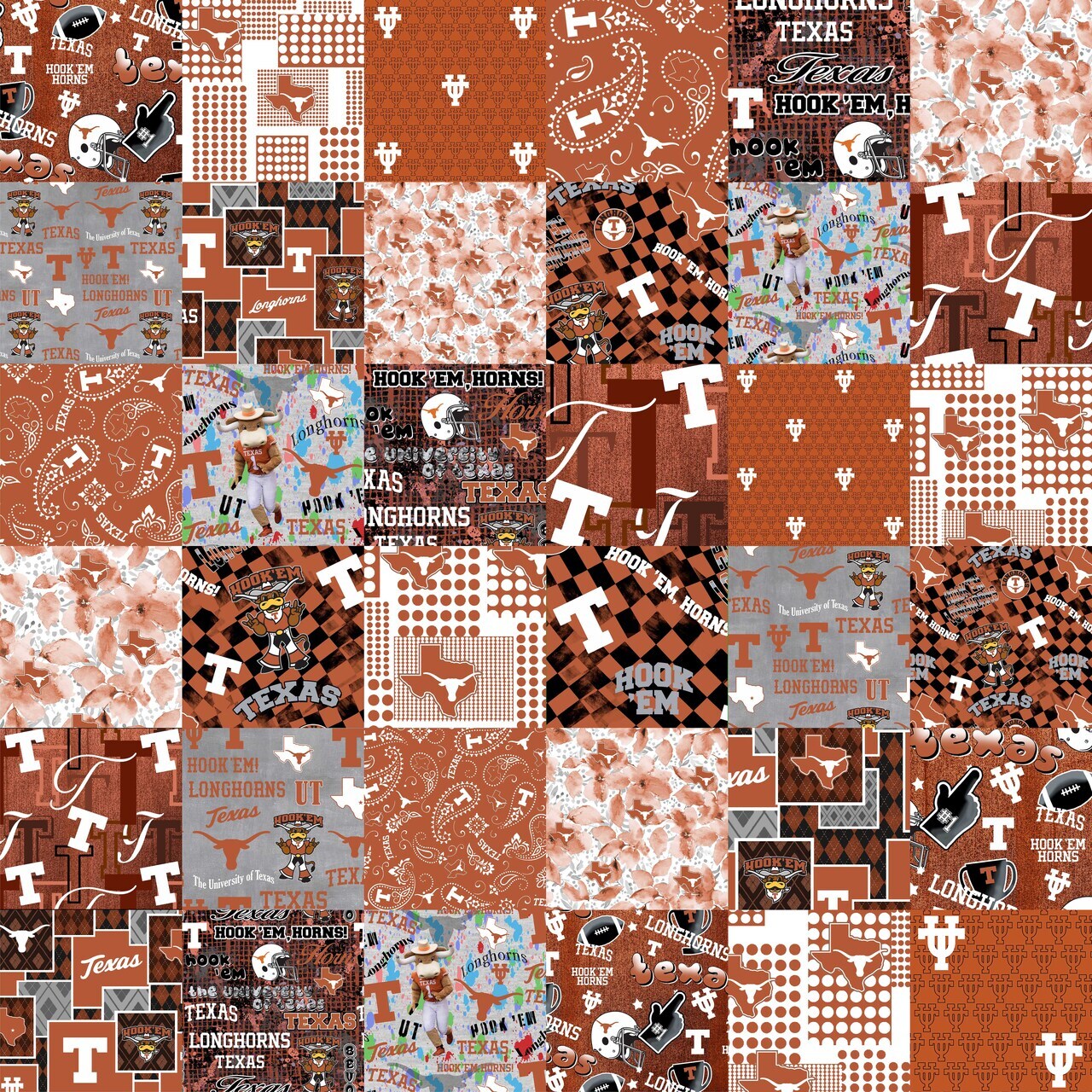 Sykel Enterprises-University of Texas&#xA0; Cheater Quilt Printed Cotton Fabric-Texas Longhorns Cotton Fabric with Patchwork Cheater Quilt Print-60&#x201D; Width