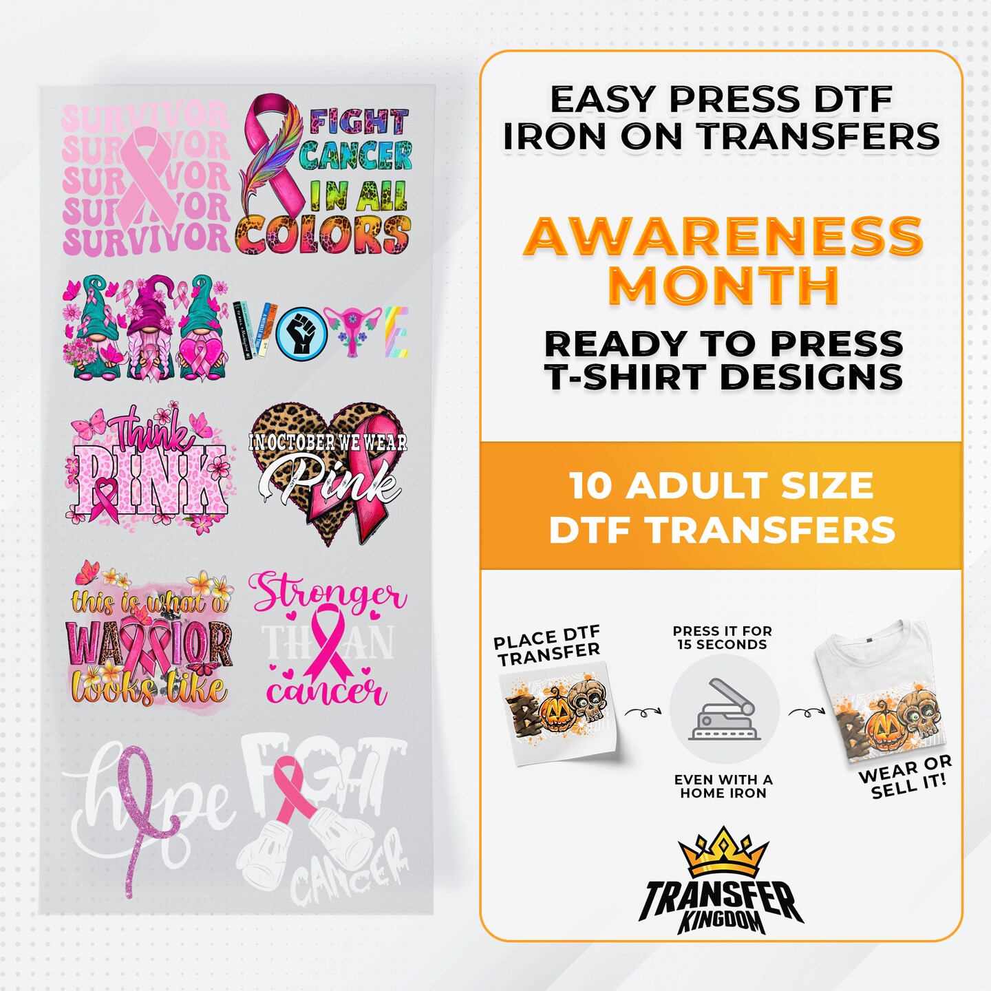 Iron on DTF Transfer Awareness Month Bundle - 10 Best Seller T-shirt Designs Ready To Press