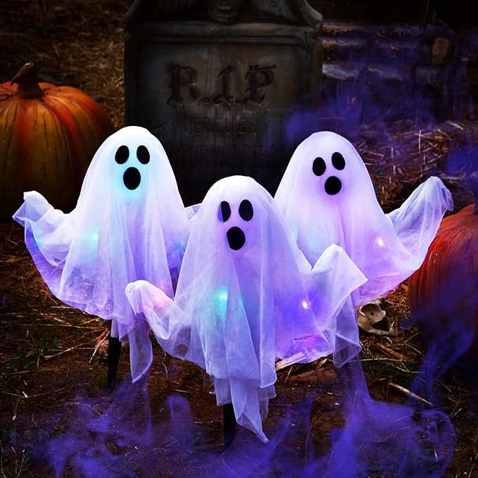 Halloween Decorations Outside - 3 Pack Outdoor Ghost Decorations Lights, Halloween Yard Stakes Ghost for Halloween Lawn Yard Decorations, Halloween Party Supplies