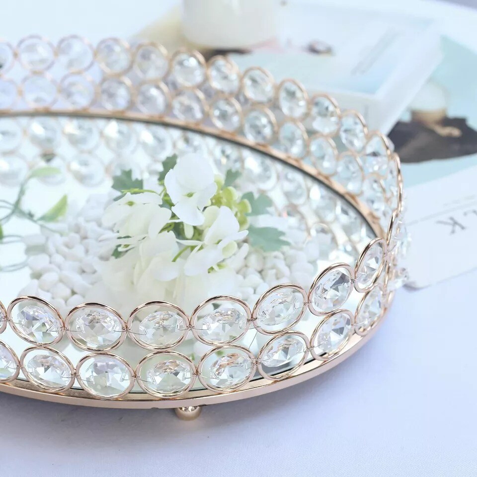 14&#x22;x10&#x22; Gold Metal Crystal Beaded Oval Mirror Serving Tray Wedding Decorations