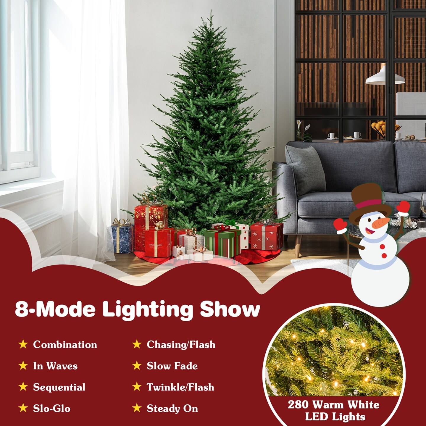 Costway 6/7 FT Pre-Lit Artificial Christmas Tree Hinged 788/1130 Branch Tips & 280/380 LED Lights