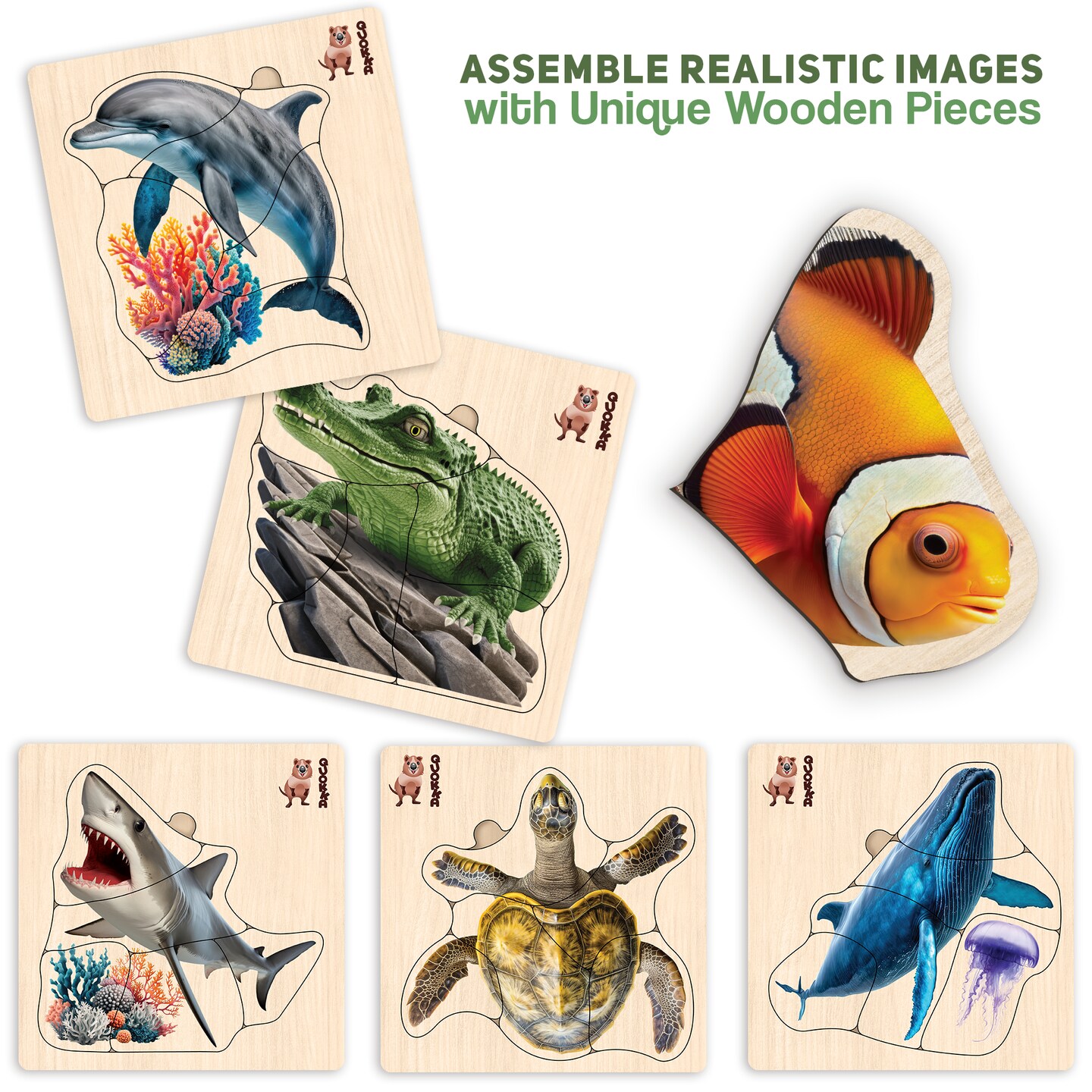 QUOKKA Realistic Wooden Puzzles for Toddlers 1-3 Year Old - 5.9x5.9 Inches Kids Puzzles Ages 2-4 - Ocean Animals Montessori Toddler Toys - Motor Skills Games Gifts for Girls and Boys
