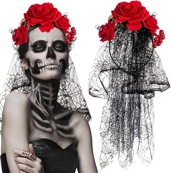 Red Rose Skull Veil Headband for Women Rose Flower Crown Day of The Dead Floral Hair Hoop Gothic Head Piece Costume Cosplay Headpiece Hair Accessories for Halloween Wedding Photo Prop