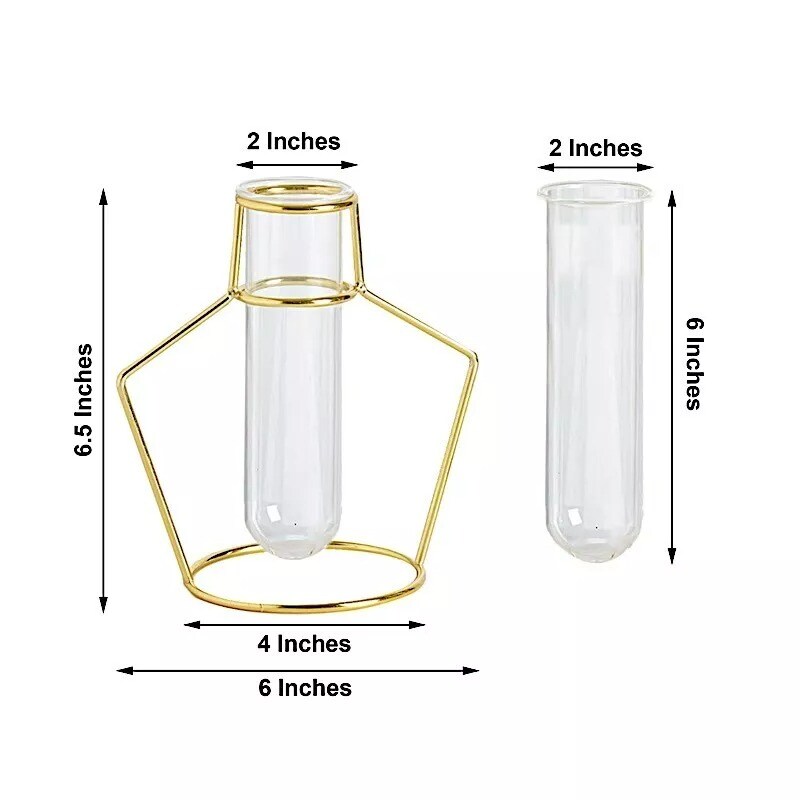 2 Gold Geometric Flower Vase Holders Clear Glass Tubes Wedding Home Centerpieces