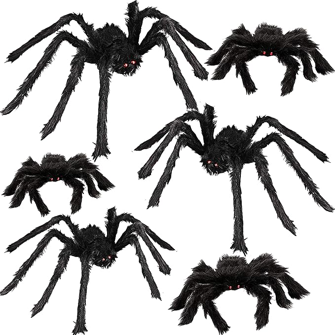 6 Halloween Spider Decorations, Realistic Hairy Spiders Set, Giant Scary Spider Props for Yard, Indoor and Outdoor Creepy Decor, Home Party Decorations (36&#x201D; 30&#x201D; 24&#x201D; 18&#x201D; 18&#x201D; 12&#x201D;)