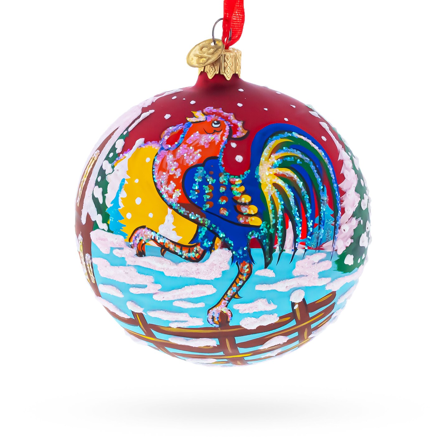 Rooster in the Winter Village Glass Ball Christmas Ornament 4 Inches