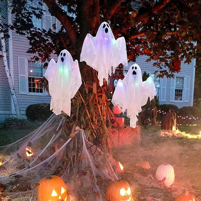 3 Pcs 31.5" Light Up White Hanging Ghost: Flying Ghosts with LED Lights Cute Decor for Halloween Outdoor Tree Yard Haunted House Decorations