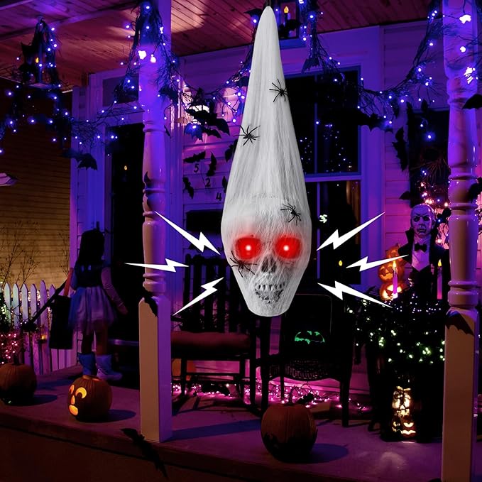 Halloween Outdoor Skull Decorations,20&#x22; Halloween Hanging Skeleton Spooky Voice Activated Decor with LED Red Eyes Spider for Halloween Party Haunted House Props Yard Indoor Outside Decorations